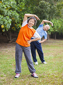年长夫妇在公园里做运动训练乐趣草地耐力闲暇娱乐夫妻锻炼女士行动图片