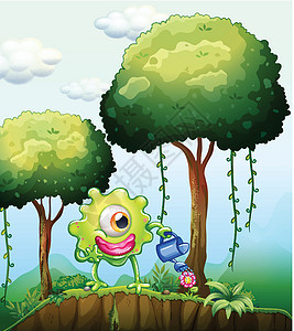一个怪物 浇灌森林植物的怪兽外星人木材树干杂草绘画礼物资源树木生物生长图片