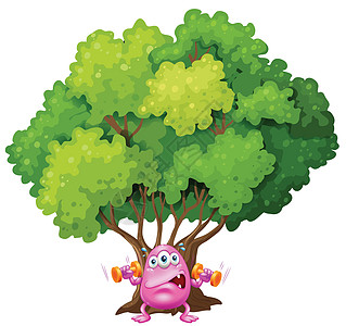 一个粉红色的怪物 在树下锻炼图片