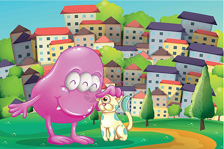 一个粉红色的怪物 在建筑物对面的山顶 捕宠物图片