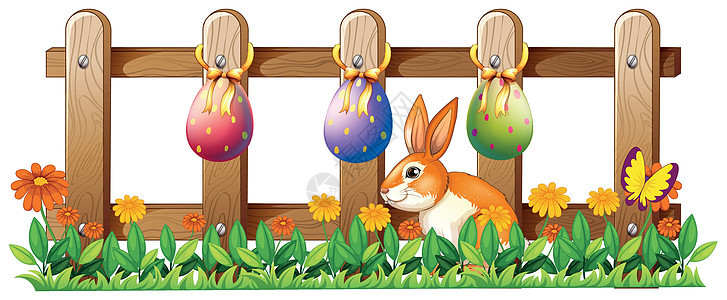 复活节鸡蛋在栅栏和兔子花园昆虫长方形花朵蝴蝶黄色场景卡通片奖品绿色图片