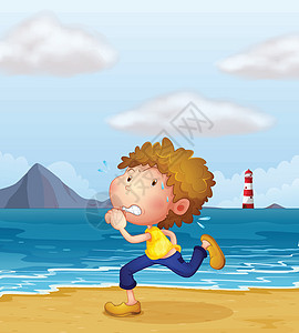 一个年轻人在海滩上慢跑支撑场景卷曲孩子波浪耳朵绘画地平线蓝色口舌图片