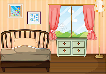 空卧室卡通片玻璃丘陵窗户房子房间床垫泡沫花朵地面图片