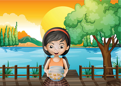 云竹湖桥上有个女孩拿着水族馆插画