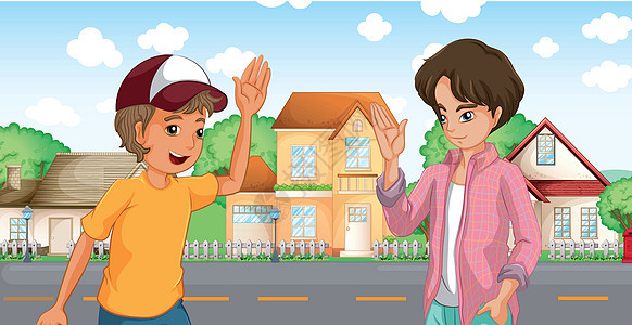 两个男孩在街对面的大房子碰头图片