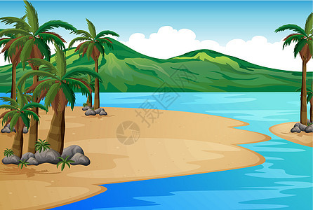 有棕榈树的海滩椰子海岸线树木卡通片丛林环境蓝色支撑森林杂草图片