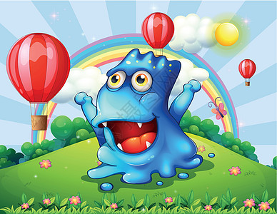 一个快乐的蓝色怪物 在山顶 与漂浮气球图片