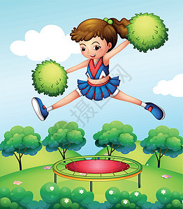 一个拉拉队队长 带着她的绿色蓬斗曲舞蹈家山坡女士公园风景女孩场景舞者蓝色天空图片