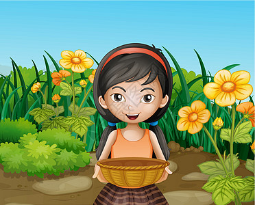 一个年轻女孩在花园里拿着一个空篮子图片