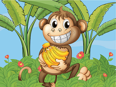 一只带香蕉的快乐猴子动物天空花朵哺乳动物植物大猩猩蓝色绘画食物场景图片