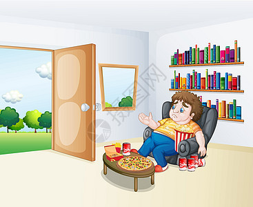 一个坐在沙发上 坐在书架前的可怜的胖男孩图片