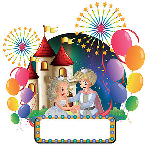 一个王子和公主 在城堡前 带着一个空的标志图片
