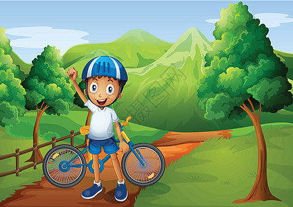 有个男孩骑着自行车站在小路上图片