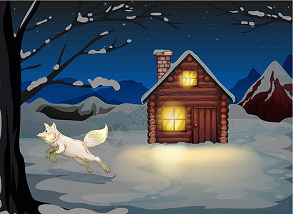 一只狐狸在木屋外跳雪图片