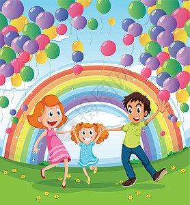 在彩虹和气球附近的幸福家庭图片