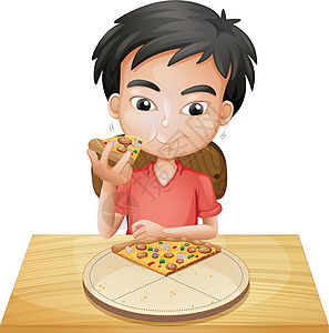 男孩吃比萨饼男生食物绘画男性小吃角落边缘青少年桌子双方图片