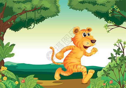 一只老虎沿着森林奔跑图片