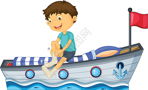 坐在船上修袜子的男孩图片