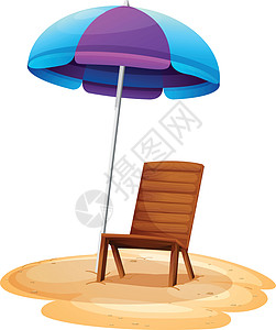 条纹海滩雨伞和木椅子动画片白色邮政长椅阳光座位紫色绘画灰色卡通片图片