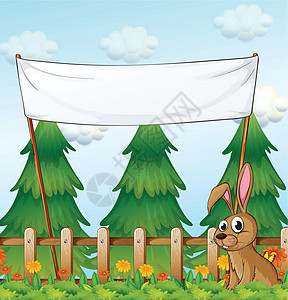 一只兔子在空标语下的木栅栏附近图片