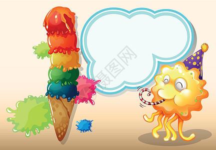 一个快乐的怪物 靠近多彩巨型冰淇淋图片