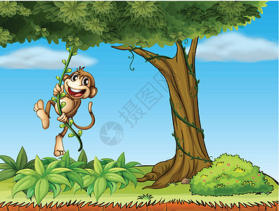 一只猴子与松树植物玩耍蓝色卡通片动物绘画树干天空灌木丛哺乳动物耳朵黑猩猩图片