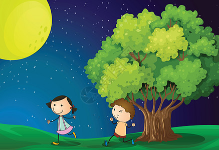 一个女孩和一个男孩 在明亮的满月下玩耍图片