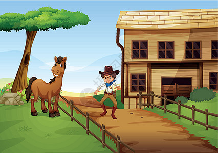 一个愤怒的牛仔 带着一匹马在栅栏上图片