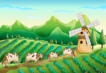 养牛的农场杂草灌木丛场地卡通片树木风车农业树叶房子旋转图片