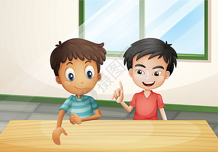 两个男孩靠近木制桌子图片