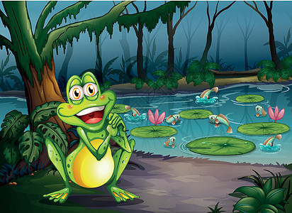 在池塘附近的森林里 一只嬉戏的青蛙图片