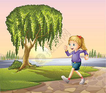 一个女孩带着一棵巨树跑在街上图片