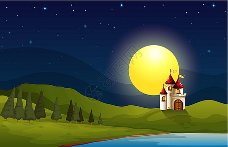 月亮下山丘的城堡图片