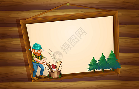 一个挂着木头的招牌板和一个伐木工人砍树林图片