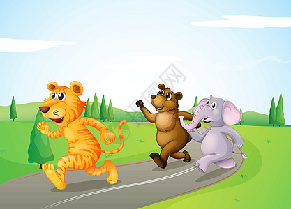 一只老虎 一只熊和大象沿路奔跑图片