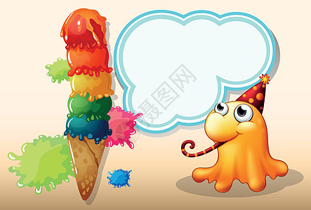 一个在巨大的冰淇淋旁边庆祝的怪物图片
