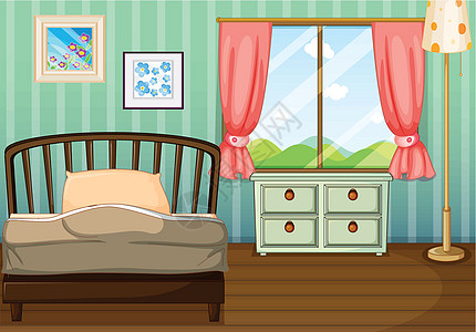 空卧室天空枕头双方毯子邮政床垫山顶窗户角落蓝色图片