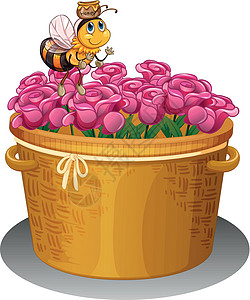 蜜蜂与一锅蜂蜜 在篮子上方飞翔 花朵图片