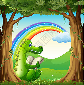 一条鳄鱼在彩虹下树下阅读图片