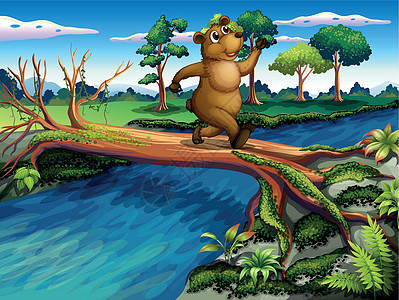 一只熊在渡河时奔跑图片