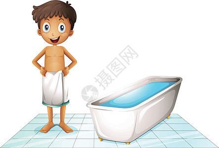 一个男孩在洗手间棕褐色孩子微笑浴缸卫生绘画清洁度男人洗澡绅士图片
