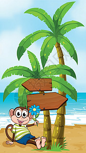海滩上一只笑着的猴子坐在木箭头下面图片
