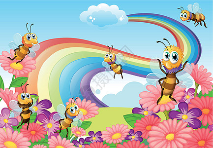 蜜蜂花丛山顶的花园 花朵和蜜蜂盛开设计图片
