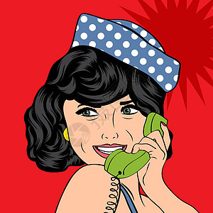 女人在电话聊天 流行艺术插图女士微笑眼睛讲话公告头发框架漫画女孩卡片图片