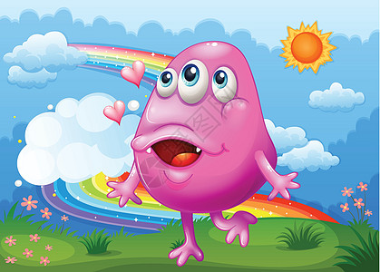 一个快乐的粉红怪物 在山顶跳舞 和彩虹在TH图片