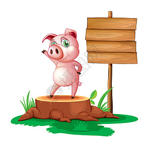 一只站在空木制招牌旁的猪图片