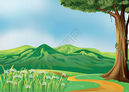 山上一条小道丘陵程序屏幕山顶天空场景花朵缠绕植物墙纸图片