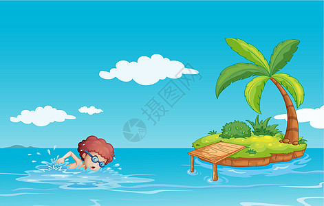 一个十几岁的少年与一个小岛在海上游泳图片