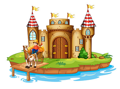 在城堡附近的桥上骑着马车的农场男孩图片