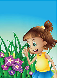 一个女孩在花园里看紫罗兰花图片